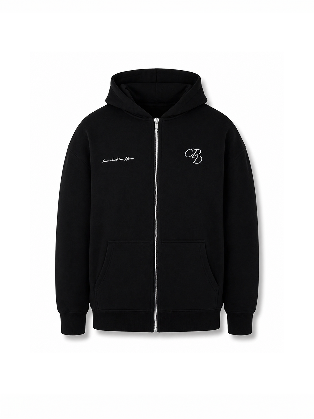 Schwarze ZIP-HOODIE von COMME PAS DE DEUX mit Reißverschluss und Kapuze, bequemes und modernes Design.